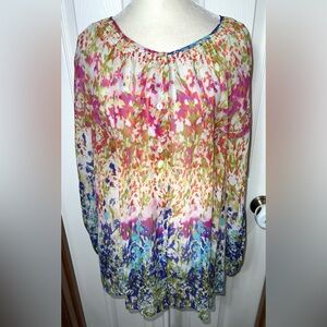 (NWOT)Sundance Blouse Top 100% Silk Semi Sheer Multicolor Abstract 3/4 Sleeve XL
